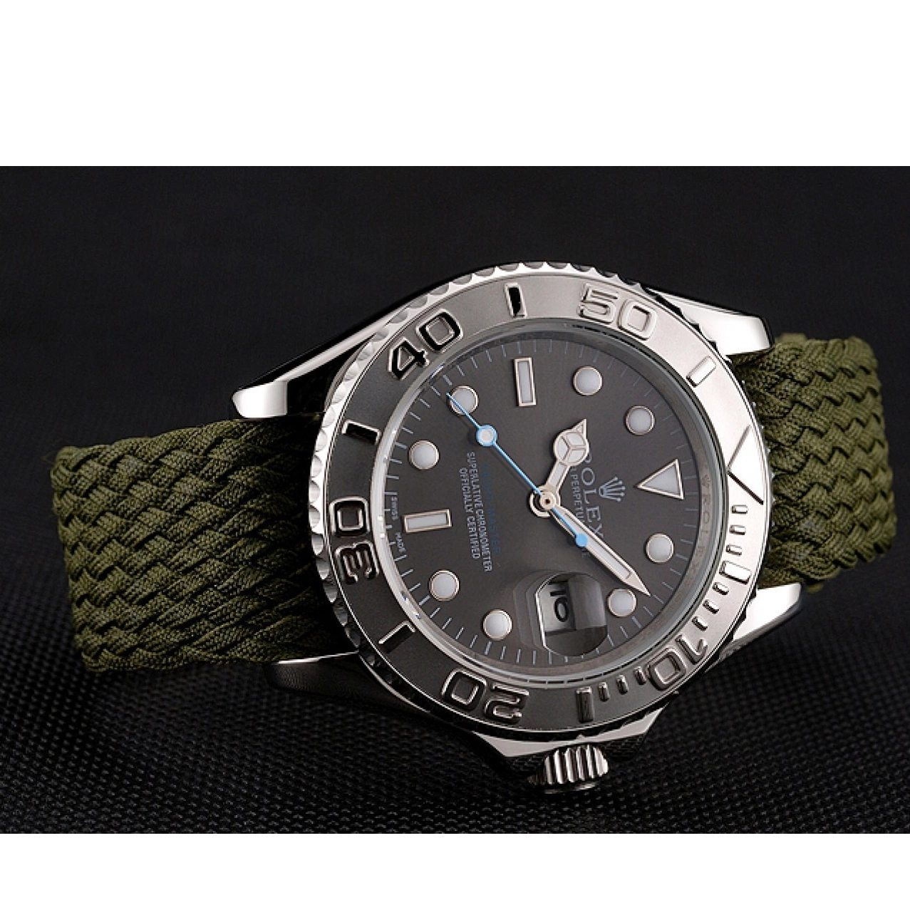 Aaa replica watch Master Dial Green Rolex Green Yacht Fabric Bracelet 1453869 0818